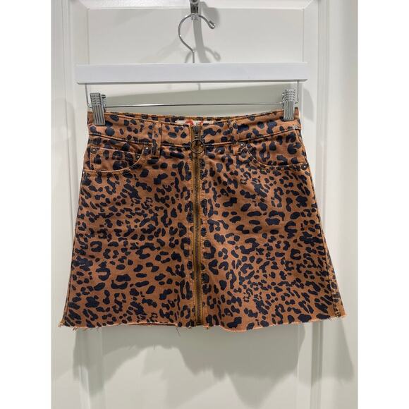 Free People We the Free Leopard Mini Skirt Brown Black Full Zip Raw Hem Sz 24 - Picture 2 of 9